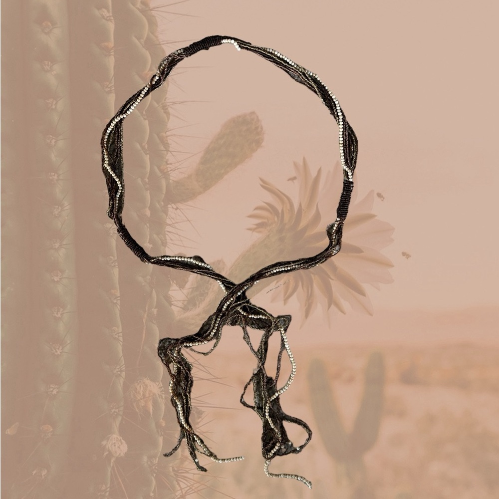 Vintage and unique brown, gold, taupe beaded tie belt